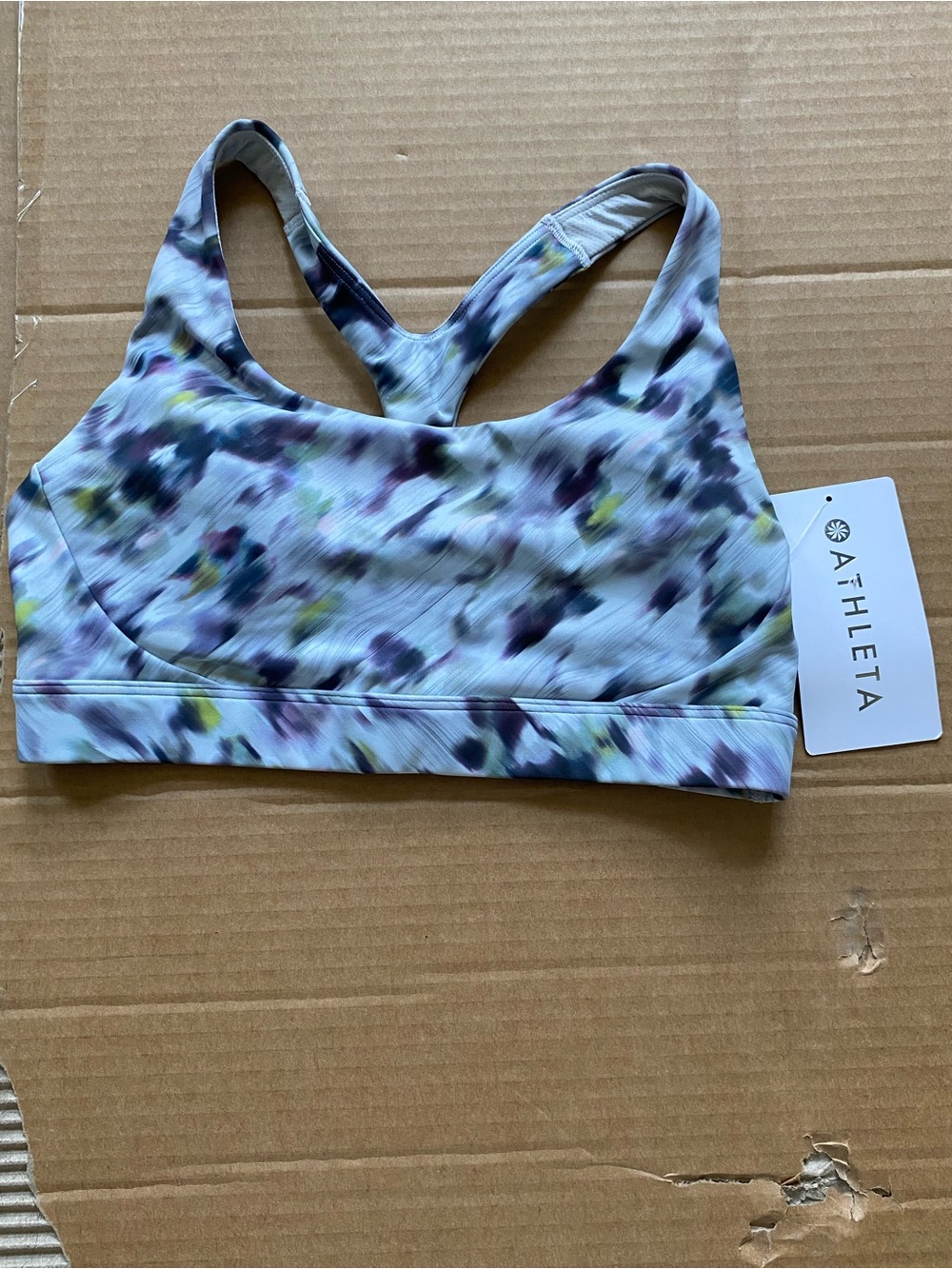 Athleta Watercolor Print Racerback Sports Bra in White, Purple & Yellow